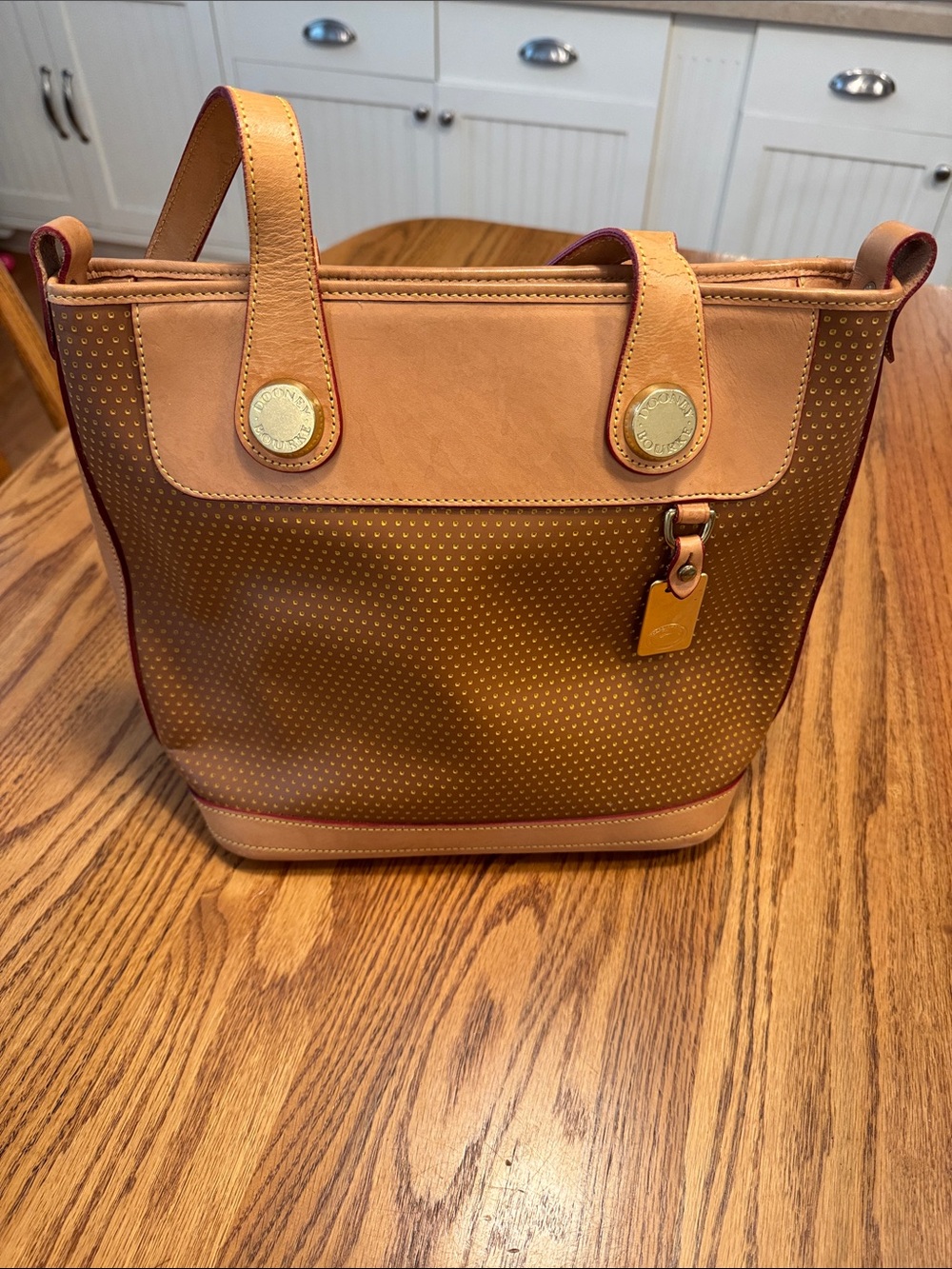 Vintage Dooney & Bourke Tan and Cognac Perforated Leather Tote with Gold Accents